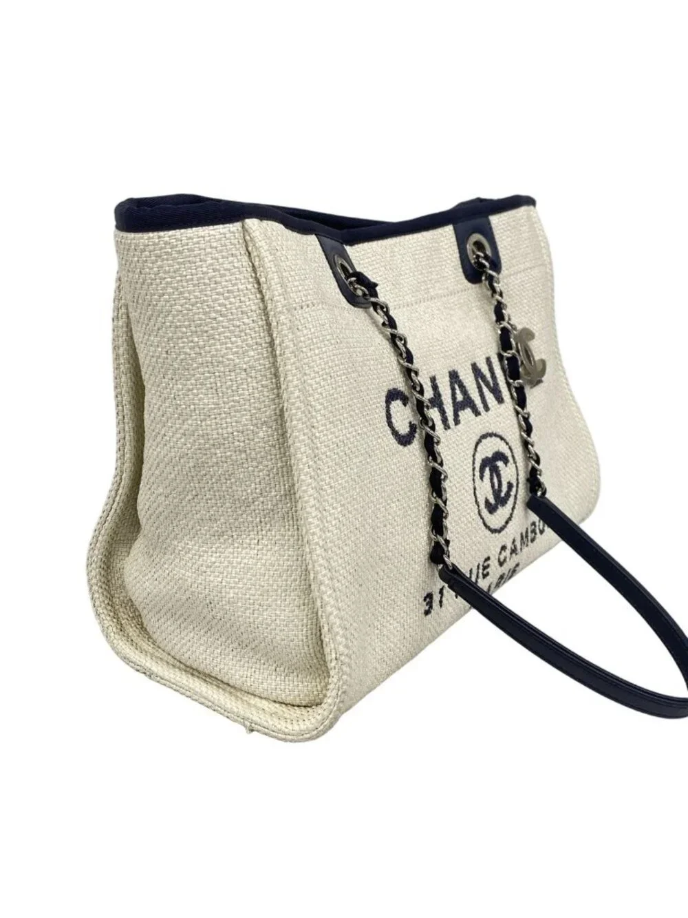 Chanel Chain Tote Deauville Straw Ivory Navy Silver